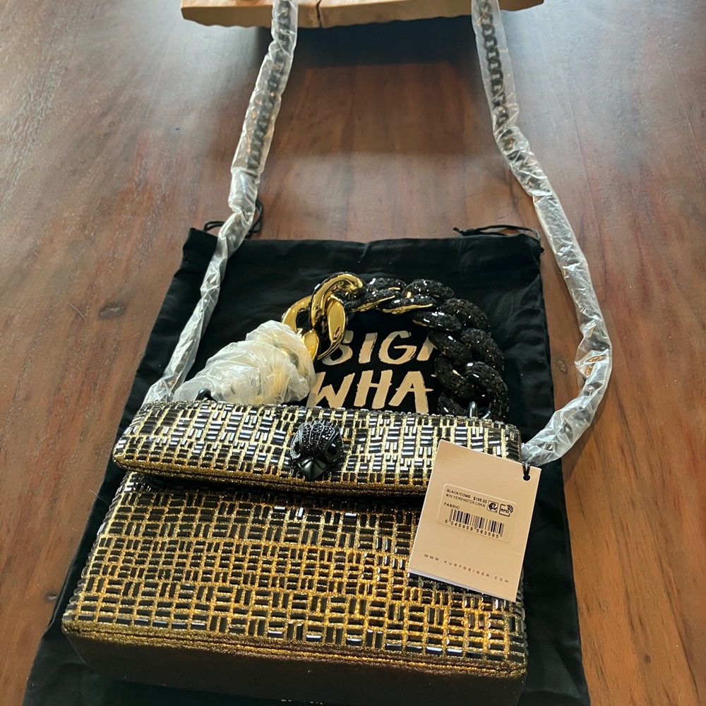 Kurt Geiger mini Black and Gold Woven-Texture Chain Shoulder Bag NWT - Picture 4 of 7
